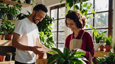 happy couple caring for plants in a plant shop