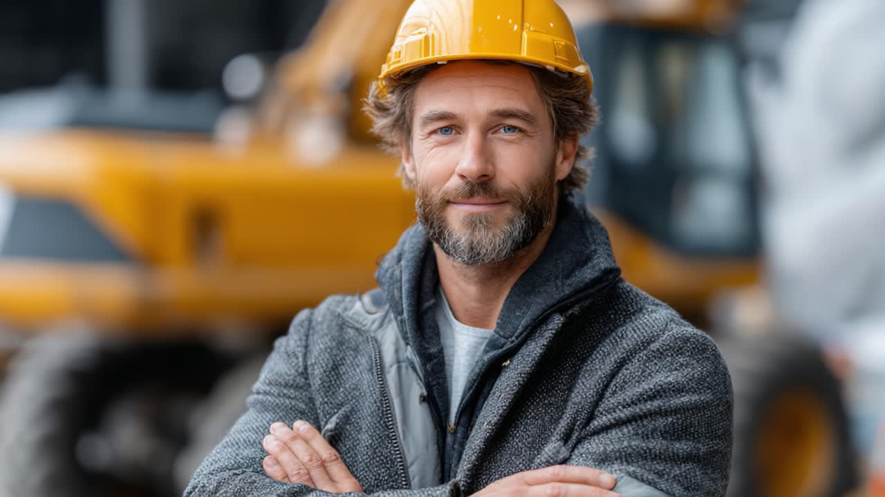 A Confident Construction Worker Smiling with His Arms Crossed at a Worksite, Showcasing Team Spirit and Safety in a Busy Environment