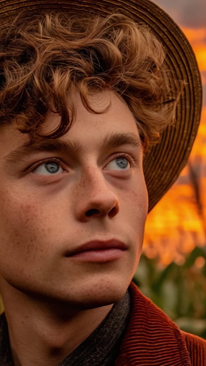 Ein nachdenklicher Blick: Eine junge Person mit sommersprossiger Haut und lockigem Haar in einem Strohhut blickt auf einen lebhaften Sonnenuntergang in einer ruhigen Landschaft mit verschwommenem Maisfeld.