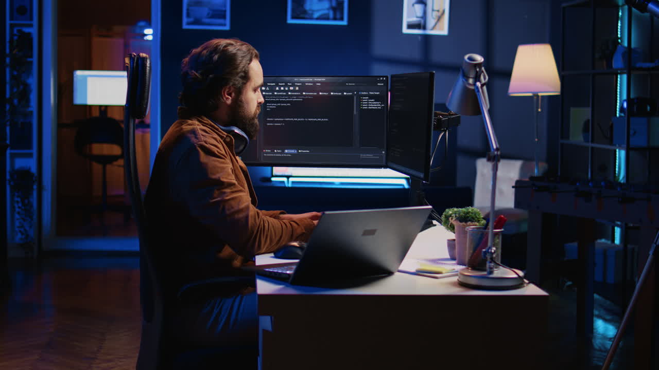 Software technician typing code in neon lit personal office