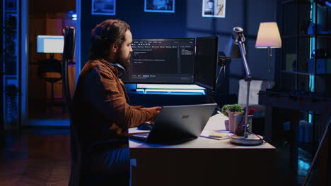 software technician typing code in neon lit personal office