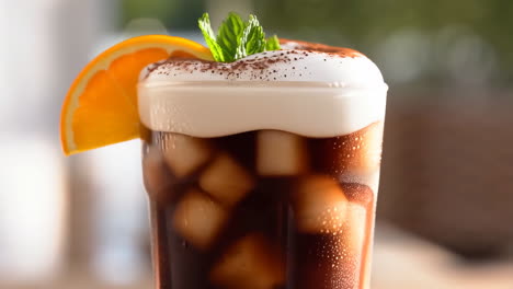 refreshing iced coffee with whipped cream, mint, and orange garnish