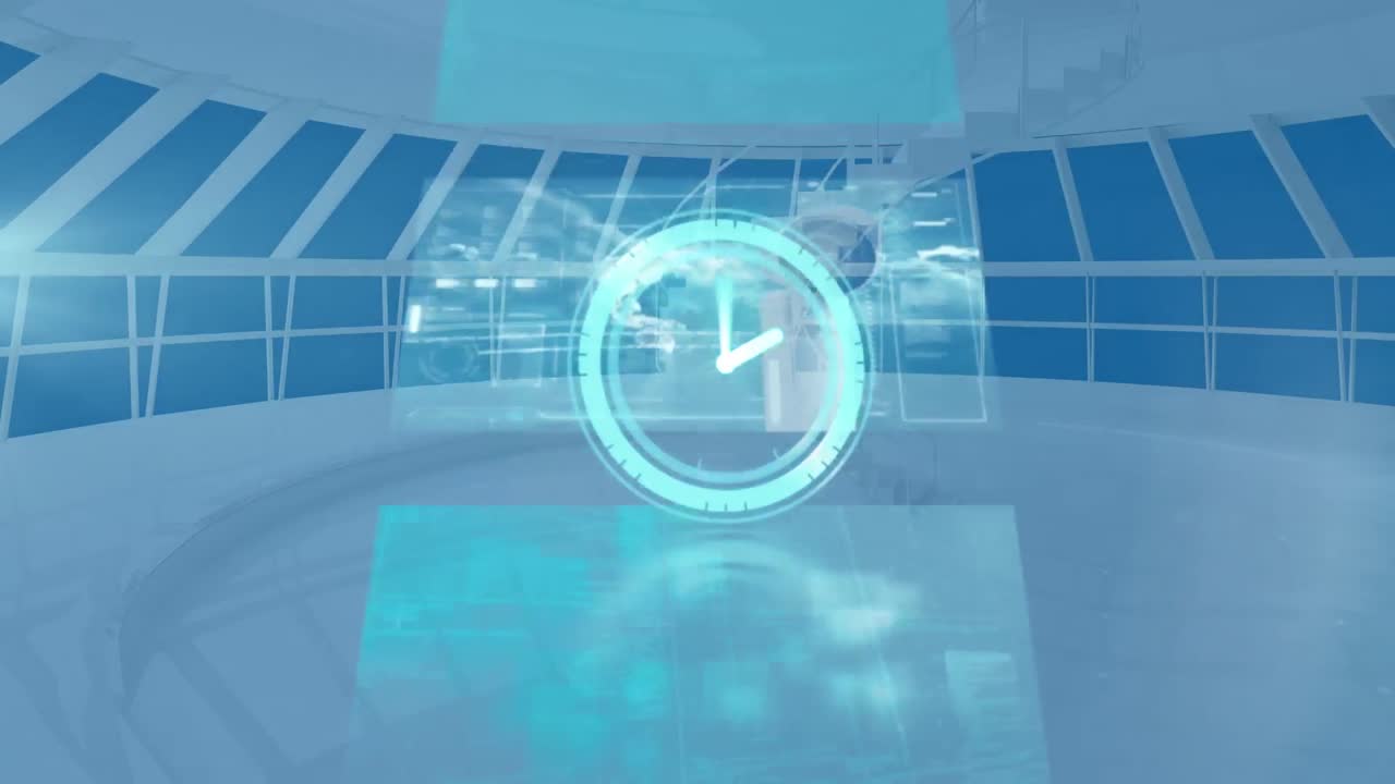 움직이는 시계의 애니메이션과 배경의 화면에서 다양한 데이터 처리