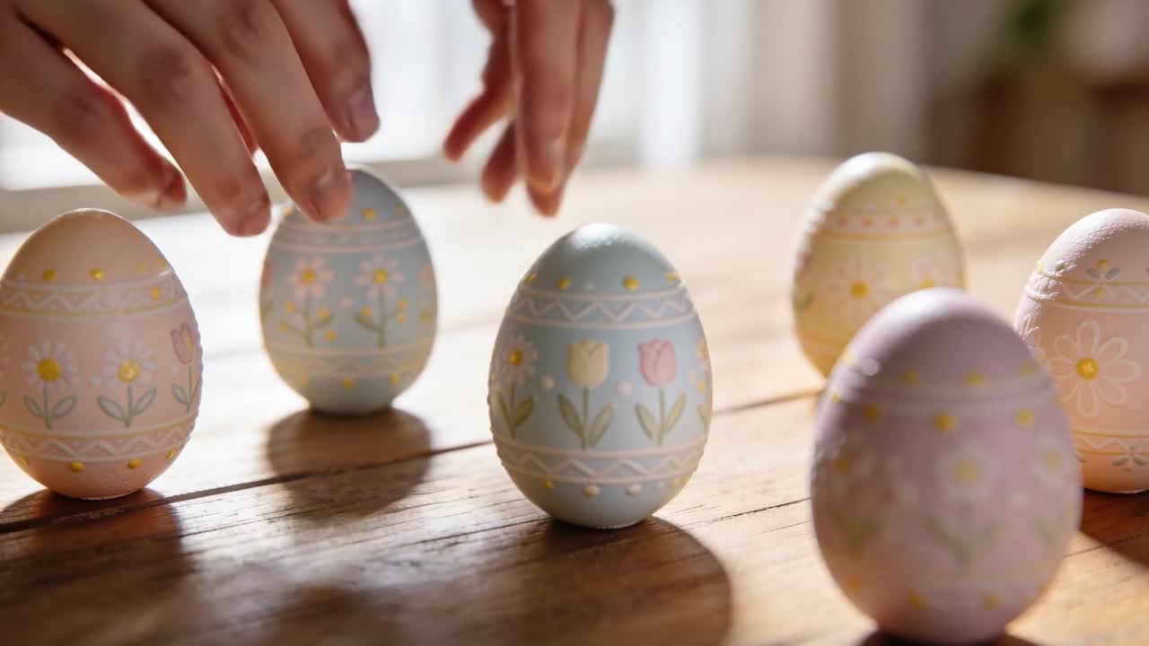 Entering hands positioning blue egg on wooden table by bright window, displaying pastel floral eggs
