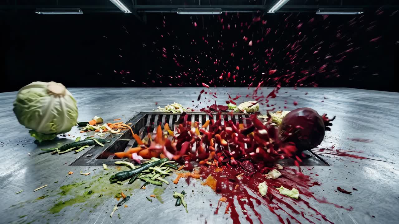 Verdure fresche grattugiate da una grattugia industriale al rallentatore