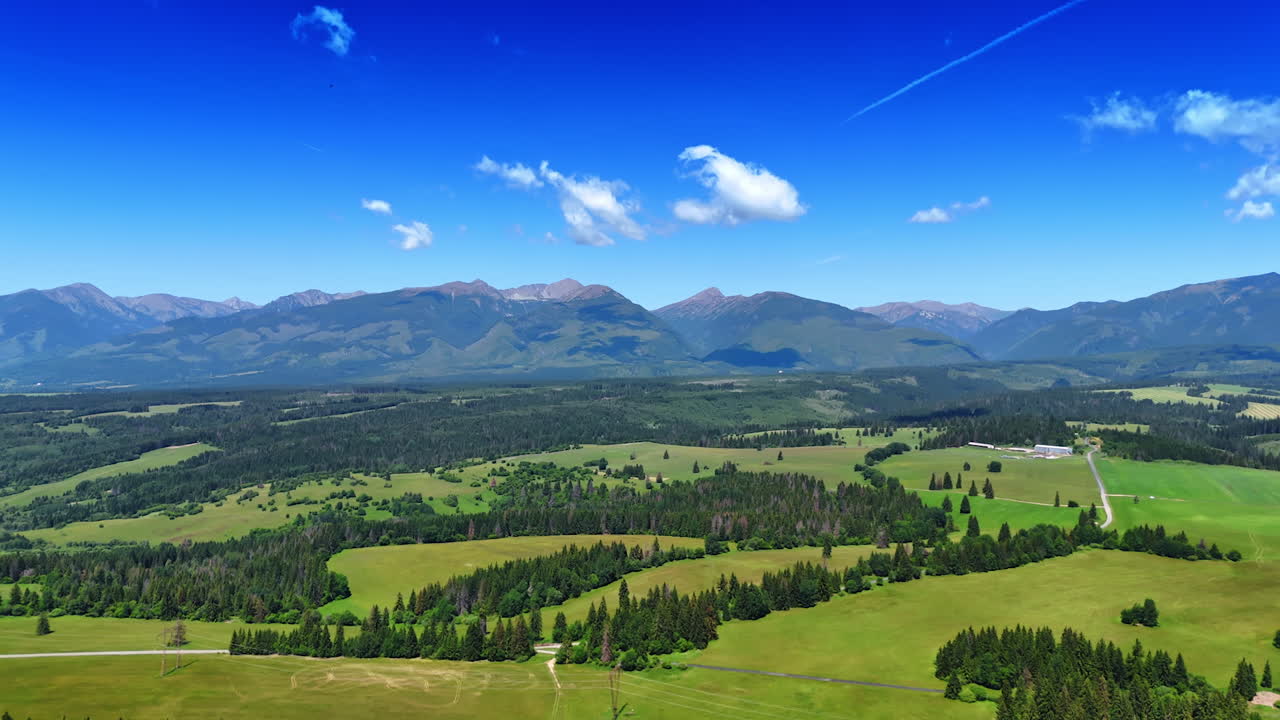 Beautiful green meadows with pine tree woods. Spectacular Tatra mountains at backdrop