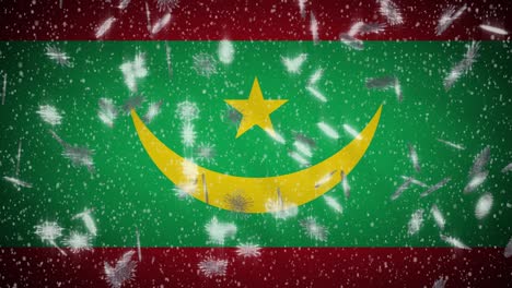 bandera de mauritania caída de nieve en bucle, año nuevo y navidad fondo, bucle