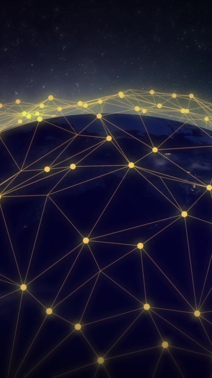 Vertical video: Camera panning, night Earth revealing nodes forming mesh, visualizing global links