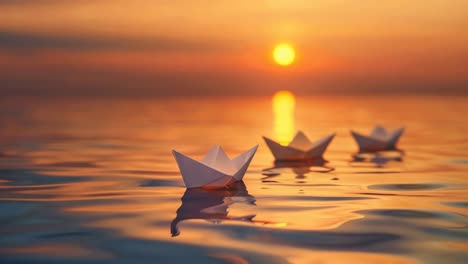 paper boats on calm water at sunset