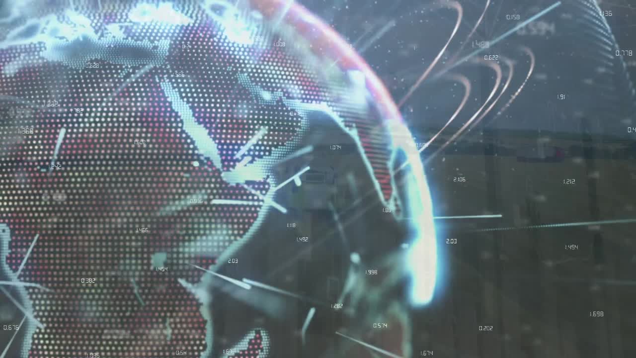 animación del globo y procesamiento de datos financieros sobre fondo negro