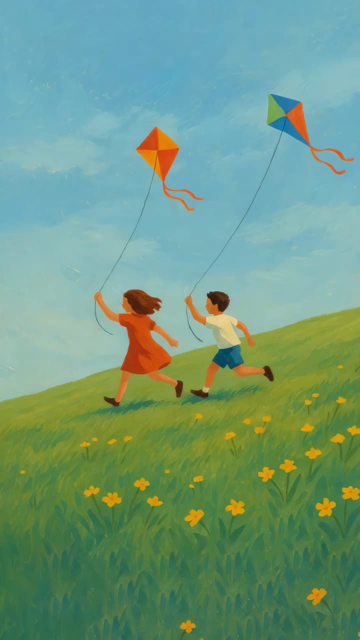 A whimsical video-style illustration of two children flying kites on a grassy hill