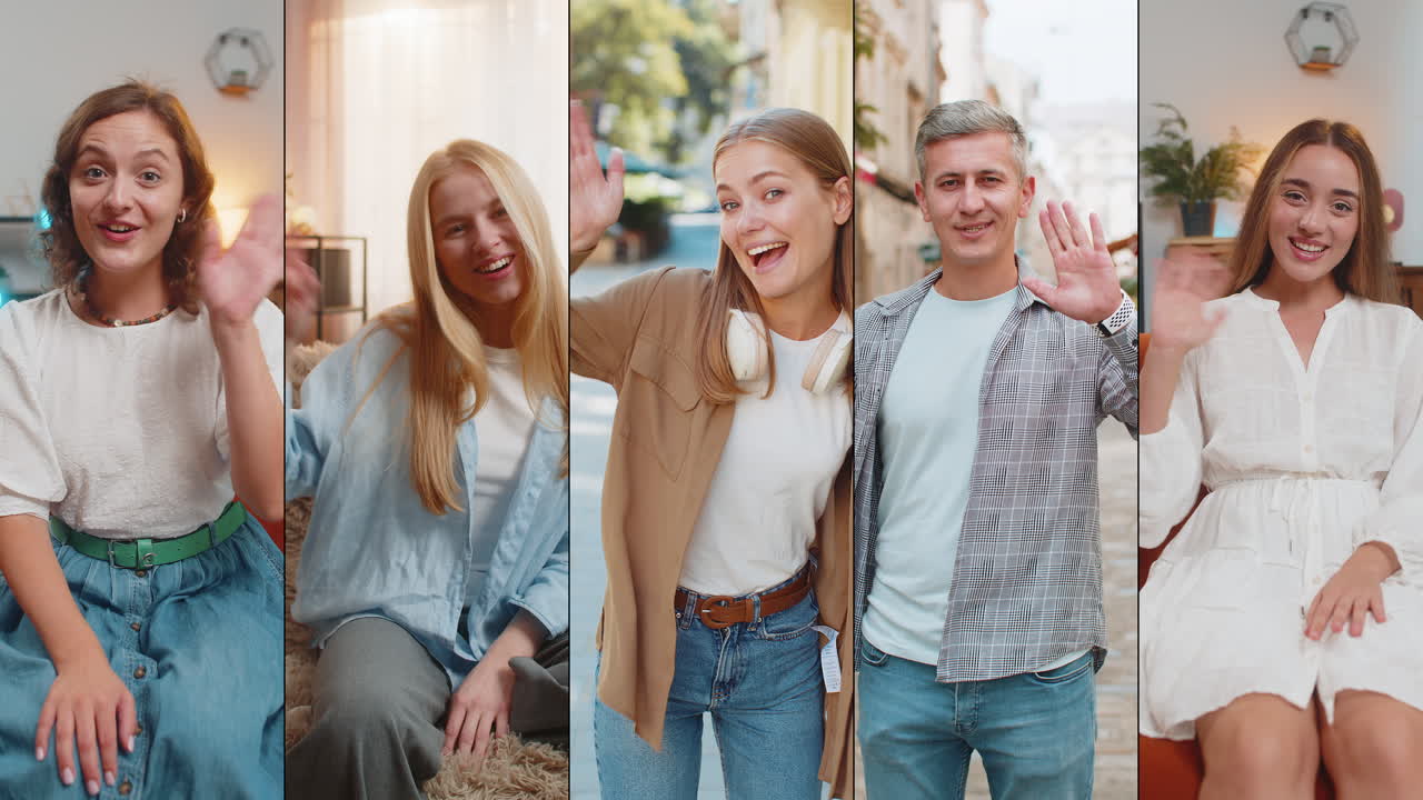 Collage of happy people men women waving hands friendly gesturing invitation hello hi welcoming