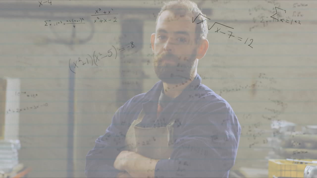 Man standing with arms crossed in workshop, equations floating over lathe machinery for engineering