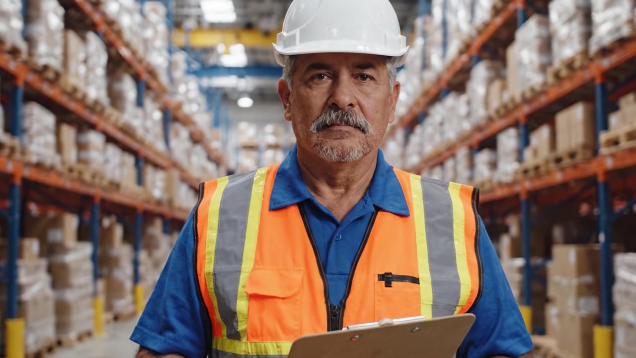 Warehouse Supervisor Overseeing Operations: A Focused Professional in Safety Gear Managing Logistics and Inventory in a Vast Storage Facility