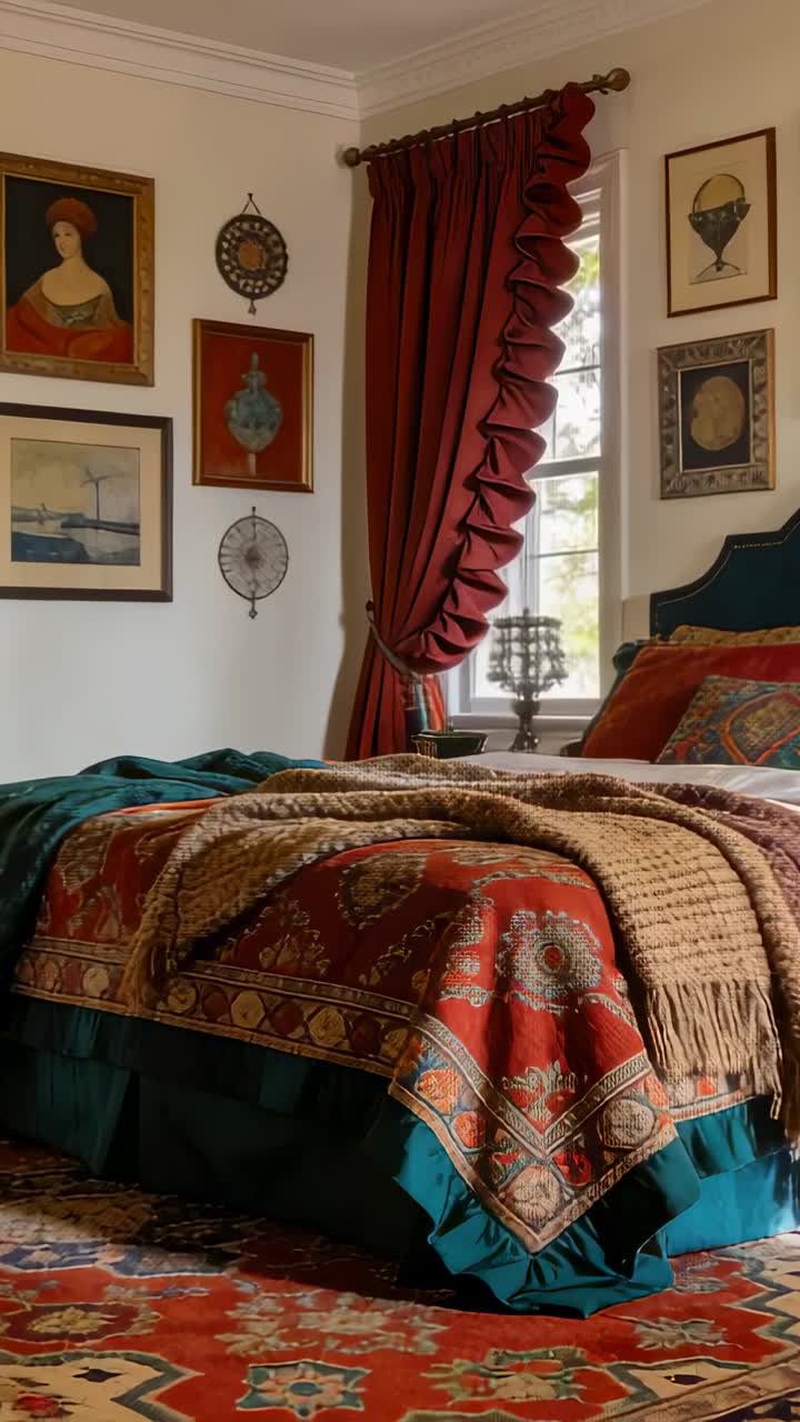 Video verticale: La telecamera inizia a fare una panoramica, rivelando un letto con coperta rossa, una finestra e l'arredamento di una stanza.