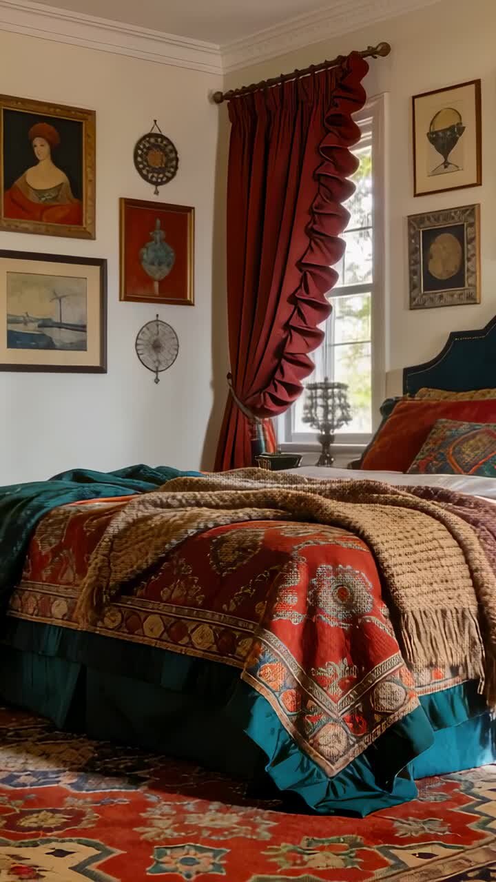 Video verticale: La telecamera inizia a fare una panoramica, rivelando un letto con coperta rossa, una finestra e l'arredamento di una stanza.