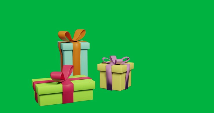 Video of three multi coloured christmas presents with ribbons over transparent background