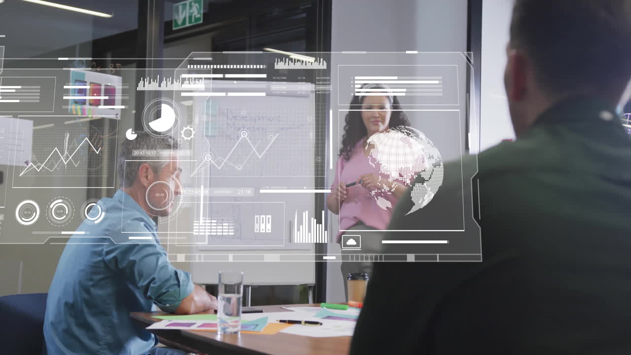 Animation of data processing and diagrams over diverse colleagues discussing work