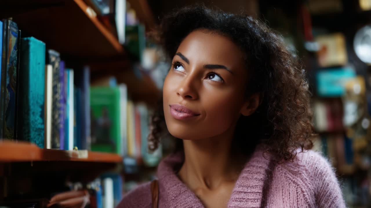 Thoughtful Woman in Cozy Sweater in Library, Browsing Bookshelves with Curiosity and Intrigue, Capturing a Moment of Reflection Amidst Literature and Enchanting Stories in a Bookstore Atmosphere