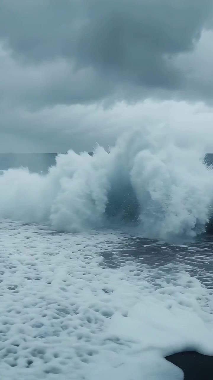 Vertical video: Surging swell pushing breaking ocean wave sending spray onto dark sand in storm