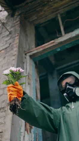 flowers in hand of an ecologist in protective suit. person in respirator and hazmat wearing standing with flowers in ruined place. nature in danger. vertical video