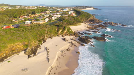 Tranquila-Ciudad-Costera-De-Nueva-Gales-Del-Sur-En-La-Costa-Este-De-Australia,-Paisaje-Marino-Aéreo