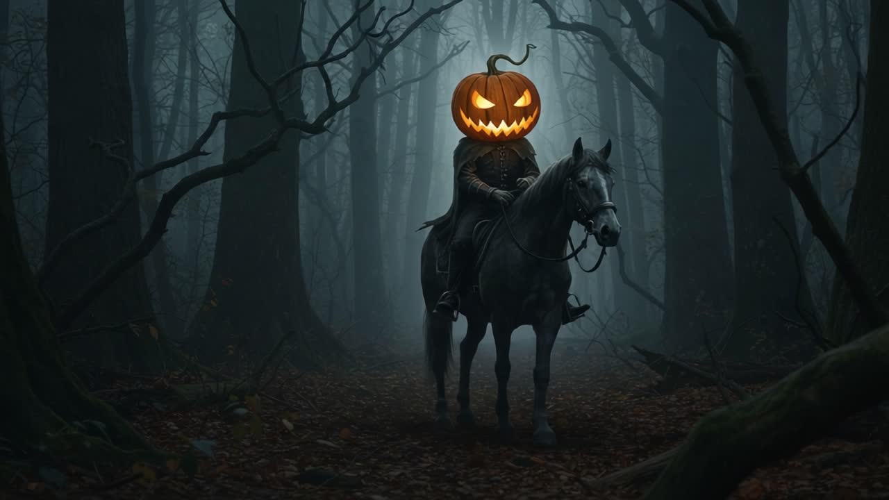 Eine mysteriöse Reiterfigur mit Kürbiskopf navigiert durch einen unheimlichen Wald in der Dämmerung und unterstreicht die gruselige Atmosphäre der Halloween-Saison.