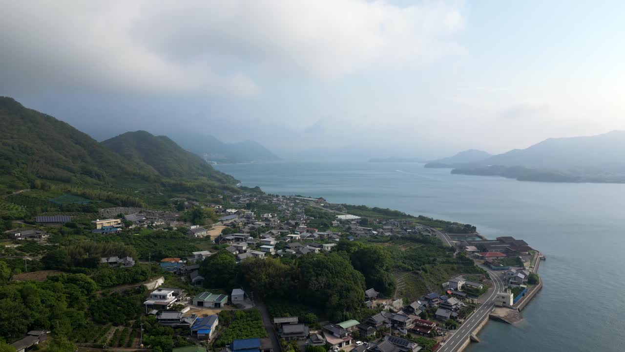Aerial drone shot over Takaneshima Island in Seto Inland sea in Japan