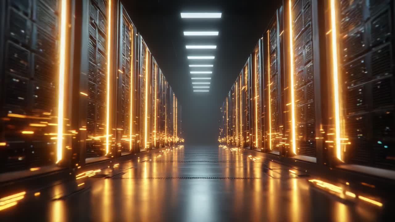 A Futuristic Data Center with Illuminated Server Racks and Dynamic Energy Flowing Through the Aisle, Showcasing Advanced Technology and High-Performance Computing