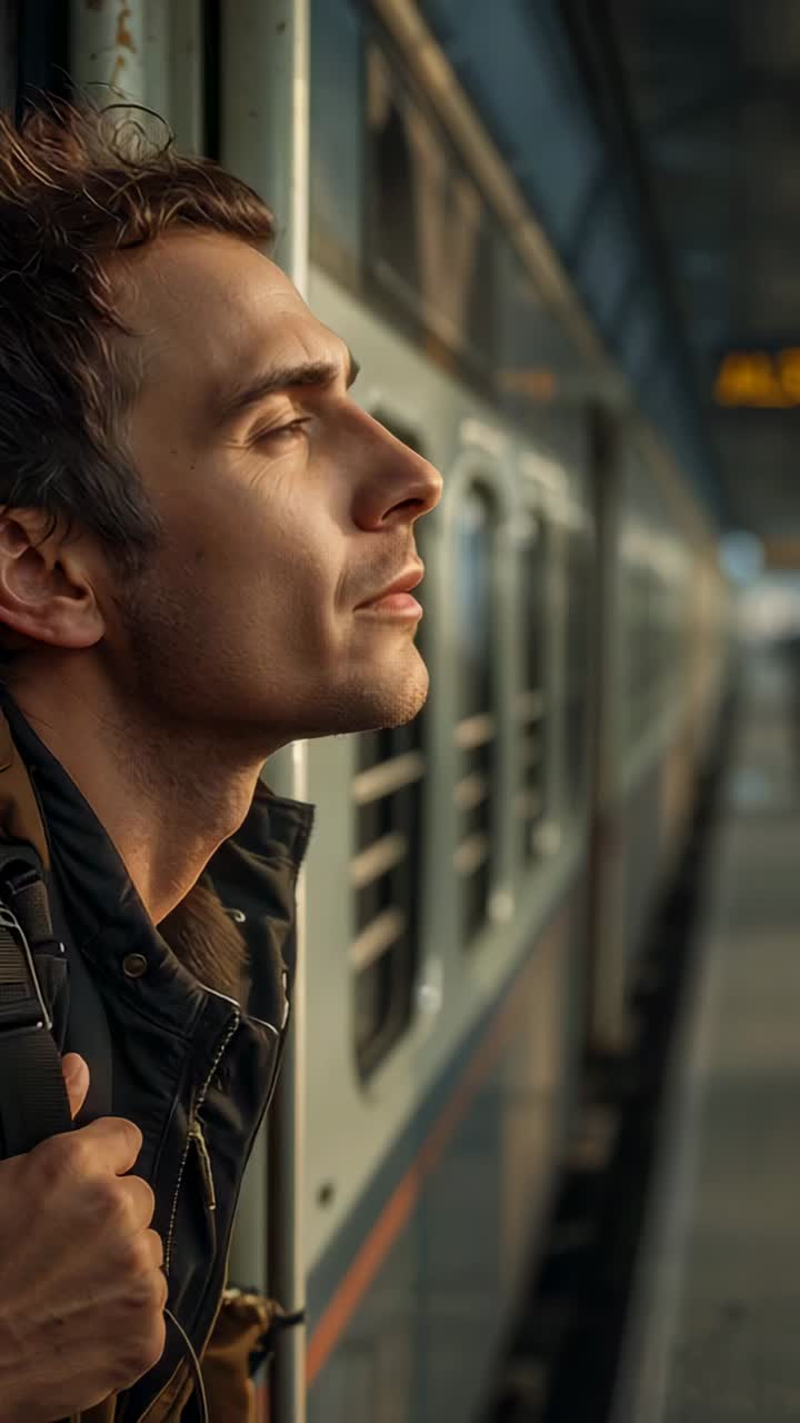 Video verticale: uomo magro con cappotto scuro che tiene uno zaino alla porta del treno prima di scendere, spazio per la copia
