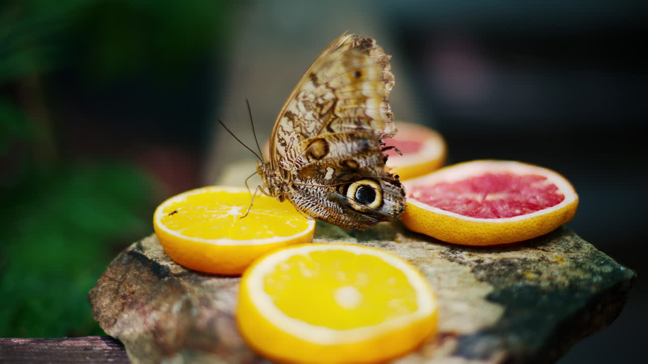 Owl butterfly eating nectar from slices of oranges and grapefruits
