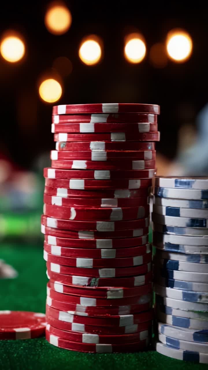 Pile di fiches da poker colorate in un ambiente suggestivo con luci soffuse sfocate sullo sfondo, perfette per appassionati di gioco d'azzardo e amanti del casinò