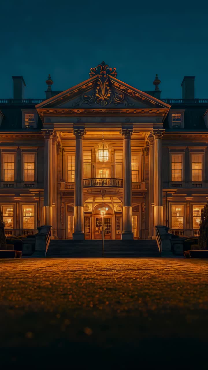 Vertical video: Clip starting centered view, holding steady, showing manor at night with chandelier