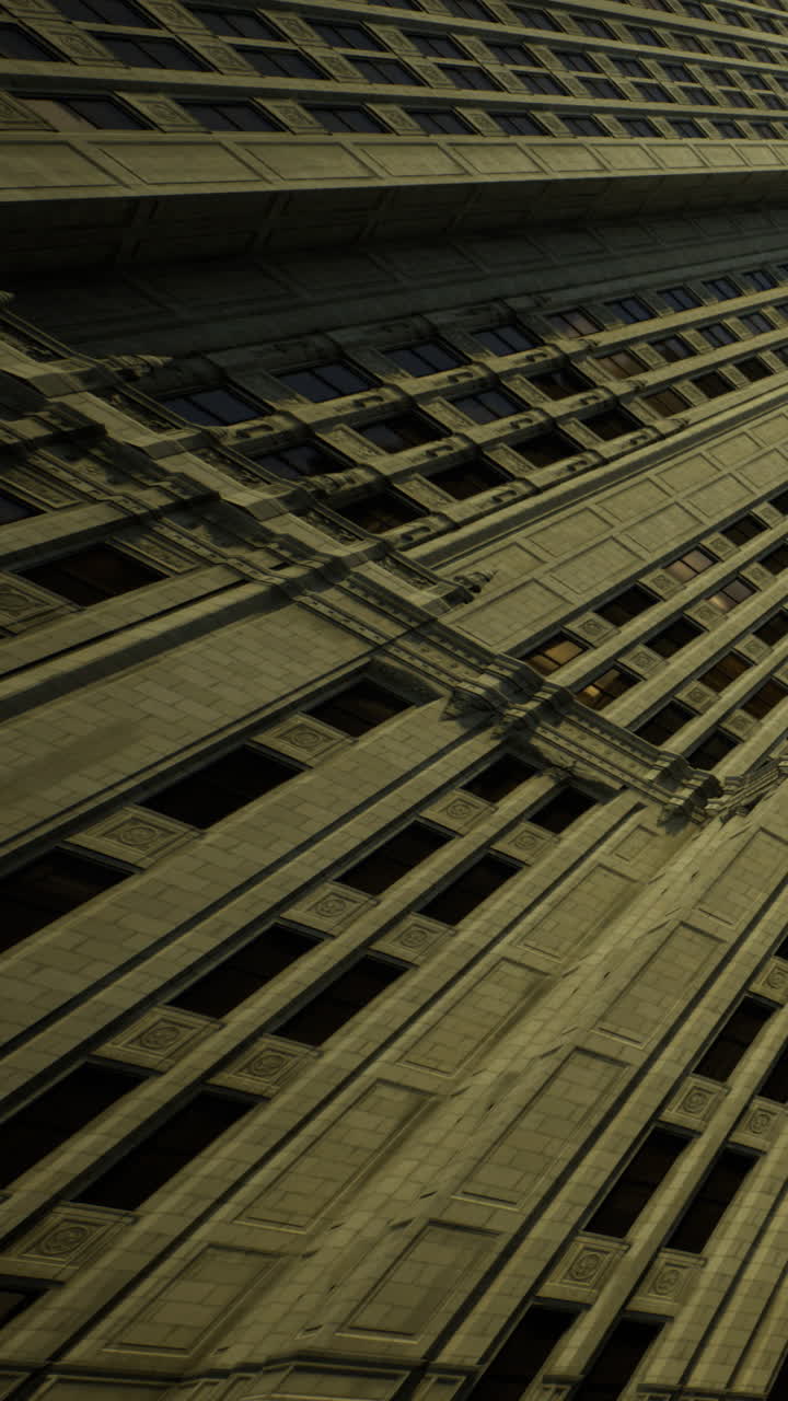 Tall building displays intricate details as sunlight casts dynamic shadows