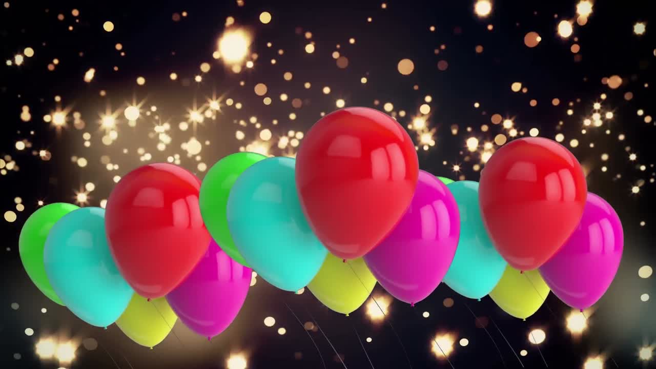 animación de globos coloridos que vuelan sobre luces brillantes