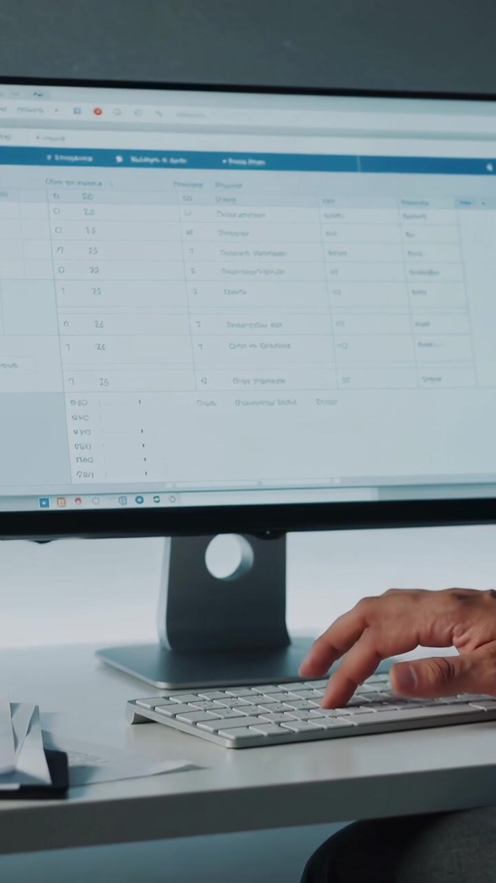 Vídeo vertical: Mão de funcionário se aproximando, atualizando planilha no teclado na mesa, monitor exibindo grade.