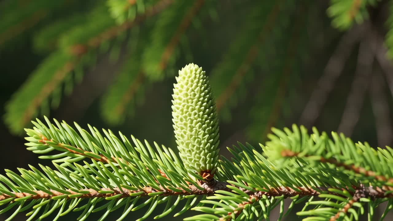 Young Green Pine Cone on a Spruce Branch