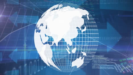 animation of financial data processing over arrows and globe spinning