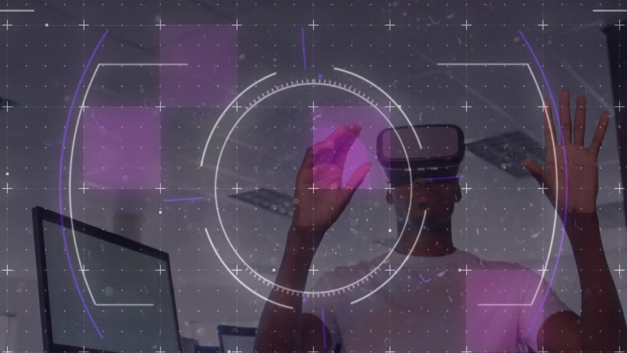 사무실에서 vr 헤드 ⁇ 을 착용한 아프리카계 미국인 남성을 대상으로 그리드 네트워크를 스캔합니다.
