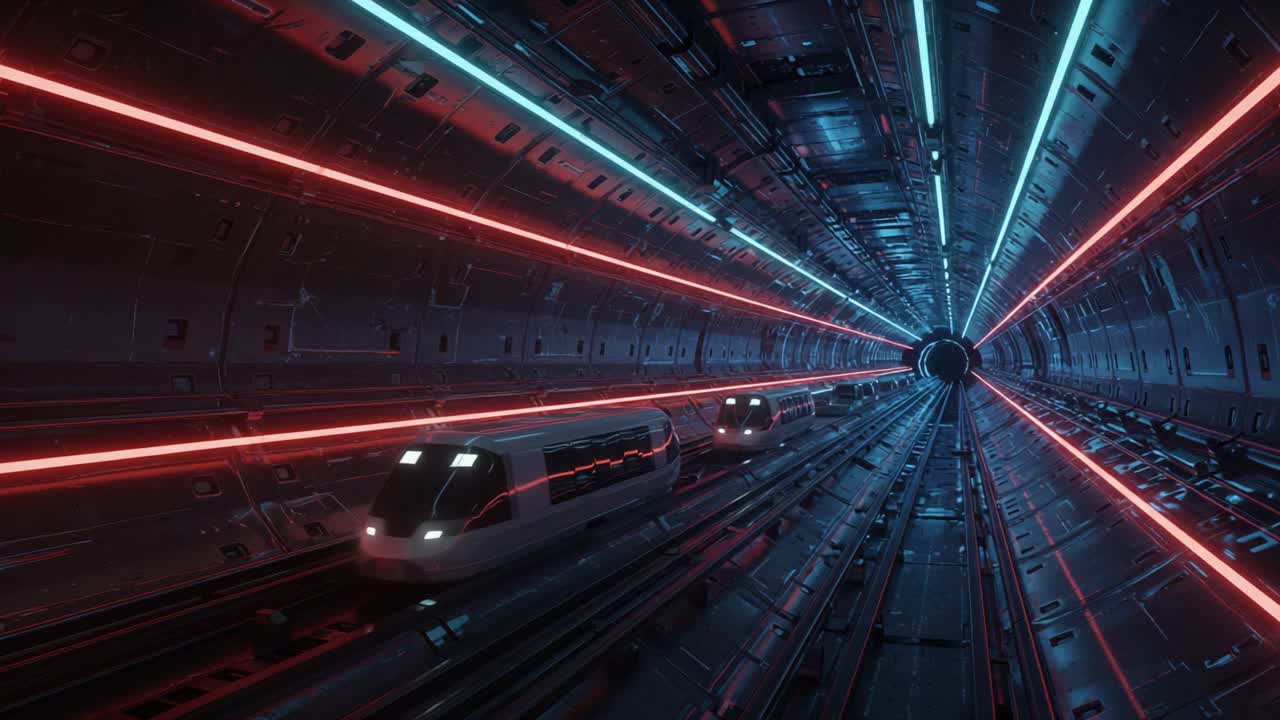 Futuristic High-Speed Trains Traveling Through a Neon-Infused Tunnel Creating a Dynamic Visual of Technology and Movement