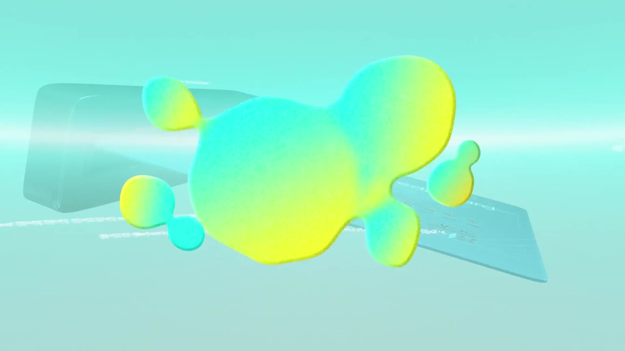 Animation of colorful stains and data processing over bank card in atm