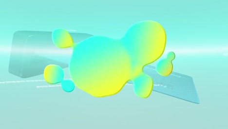 animation of colorful stains and data processing over bank card in atm