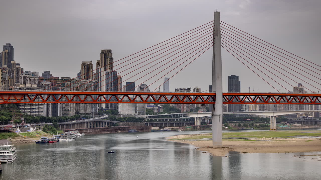 Timelapse of the amazing Chongqing cyberpunk city skyline with the yangtze river and traditional building