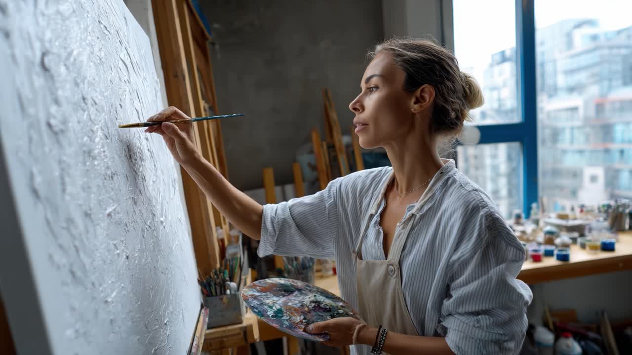 En fokuseret kunstner maler passioneret på et lærred, bruger en palet fyldt med levende farver i et veloplyst atelier, hvilket viser kreativitet og dedikation.