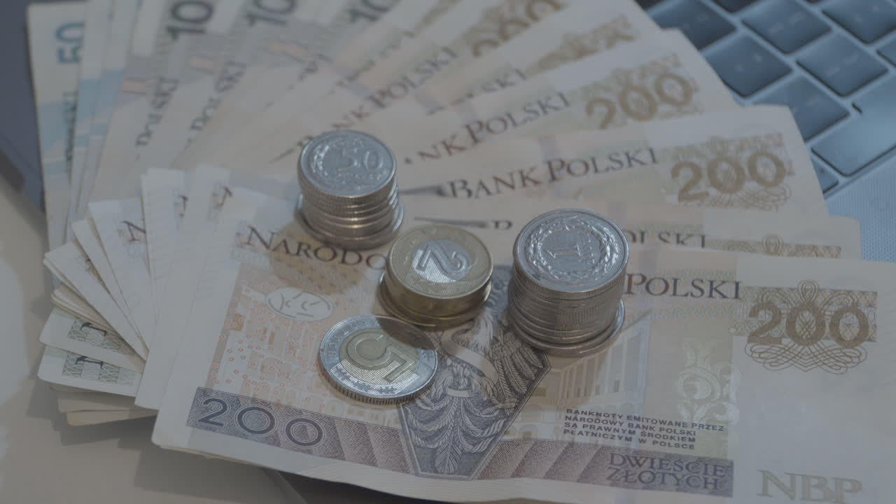 Стопка польских злотых банкнот и монет на ноутбуке