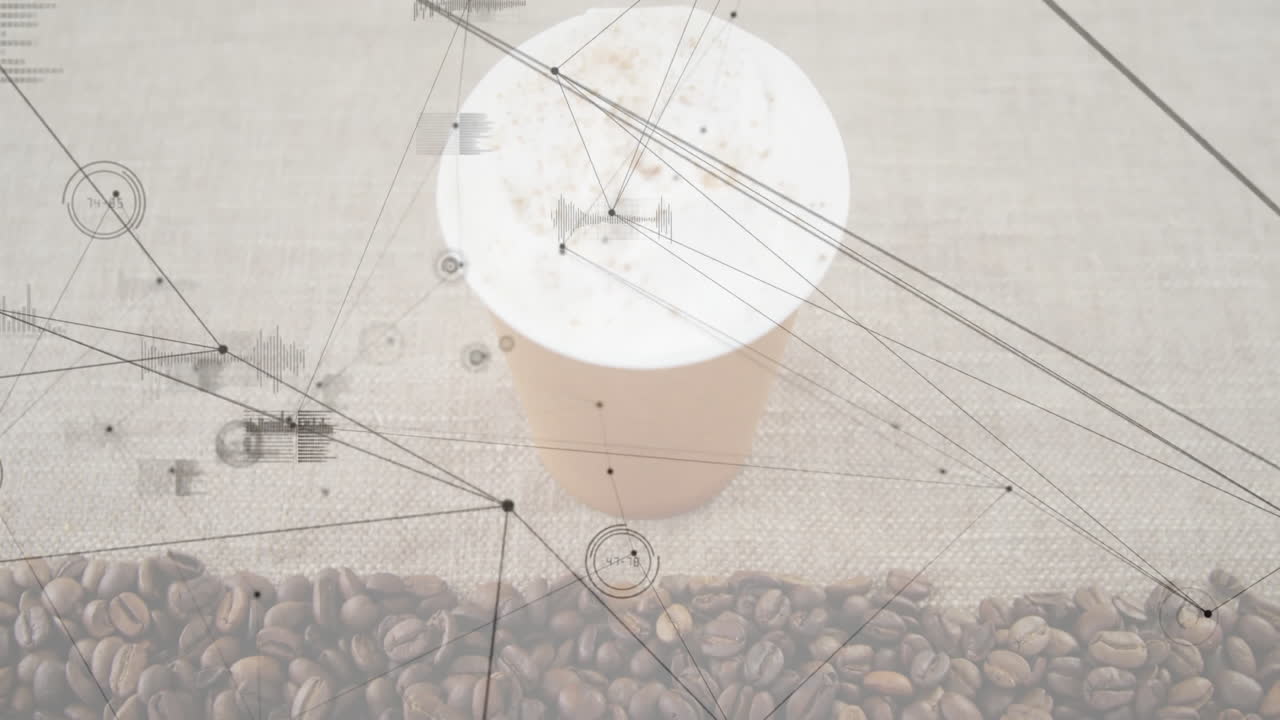 Paper coffee cup floating on burlap surface, digital network overlays animating data points