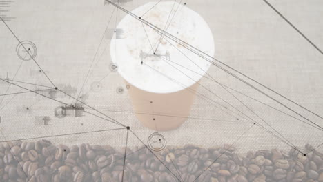 paper coffee cup floating on burlap surface, digital network overlays animating data points
