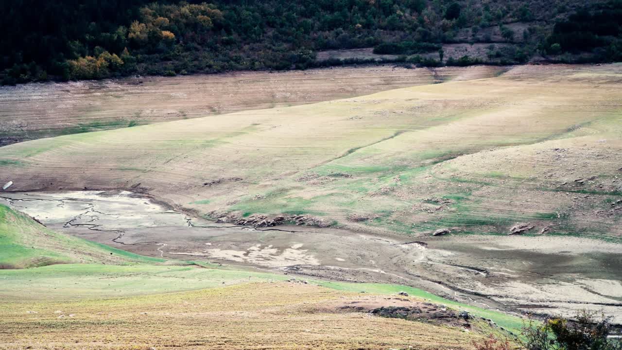 Panoramic view of a drying lake, dam in mountain, Global warming, climate change