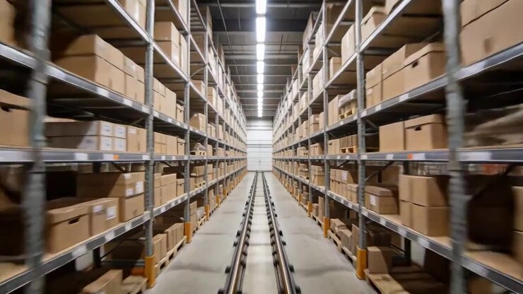 Gliding camera starting down warehouse aisle tracking twin rails and racks to reach rollup door