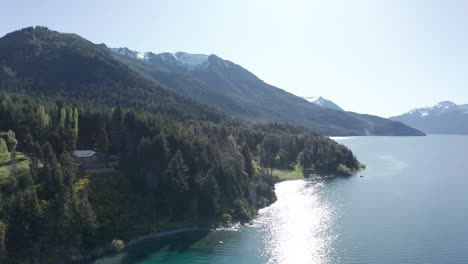 AERIAL---Traful-lake,-Patagonia,-Río-Negro,-Argentina,-lowering-reverse-shot